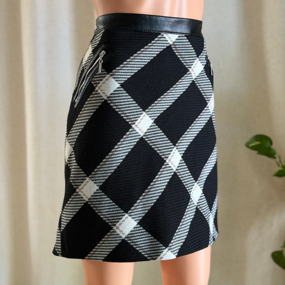 White House Black Market Plaid Wool Blend Mini Skirt Faux Leather Trim 10